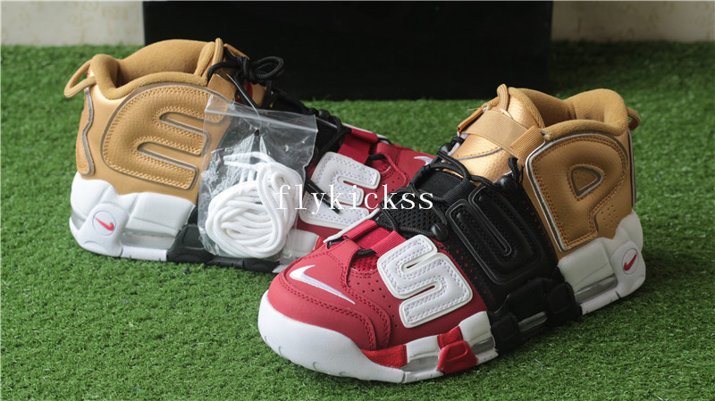 2018 New Supreme x Nike Air More Uptempo Tri-Color Black Red Gold